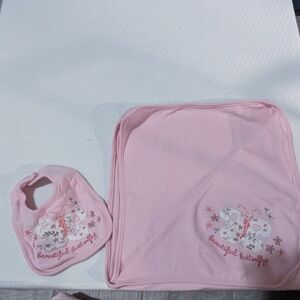 Pink Butterfly Baby Bib and Blanket Set